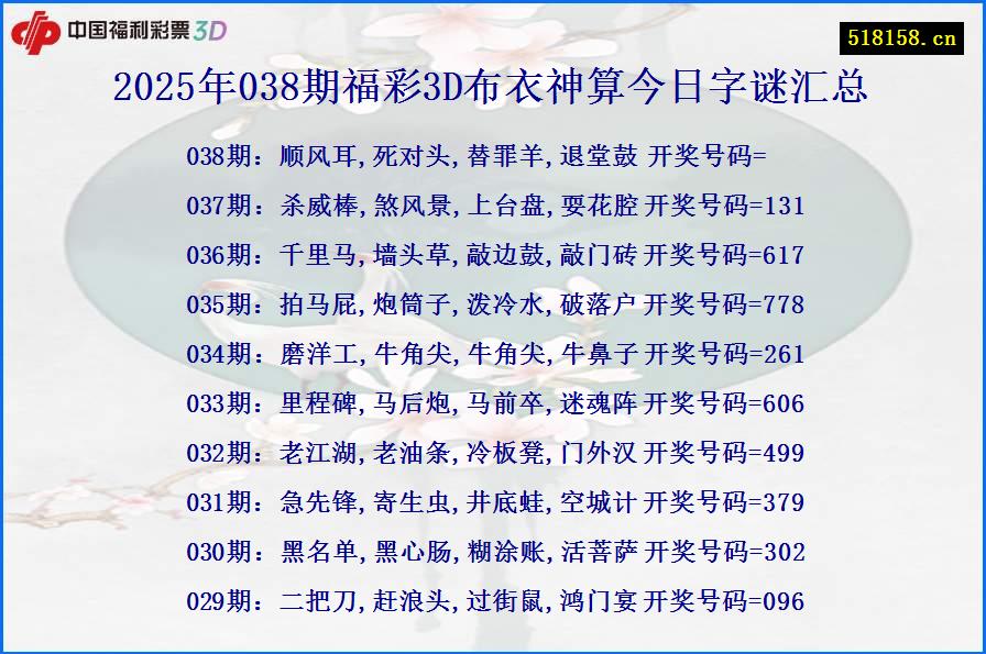 2025年038期福彩3D布衣神算今日字谜汇总