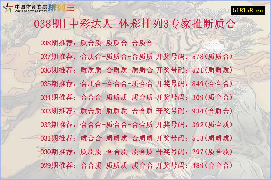 038期[中彩达人]体彩排列3专家推断质合