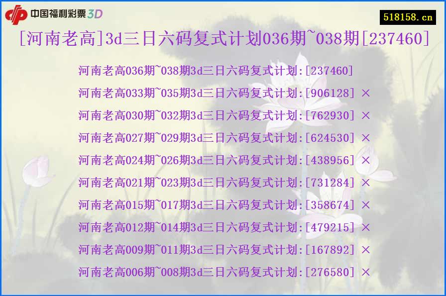 [河南老高]3d三日六码复式计划036期~038期[237460]
