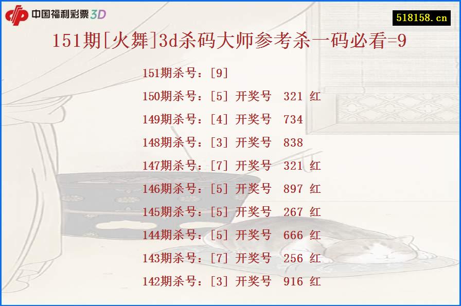 151期[火舞]3d杀码大师参考杀一码必看=9