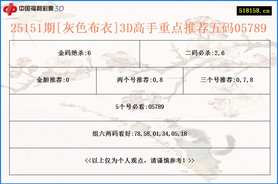 25151期[灰色布衣]3D高手重点推荐五码05789