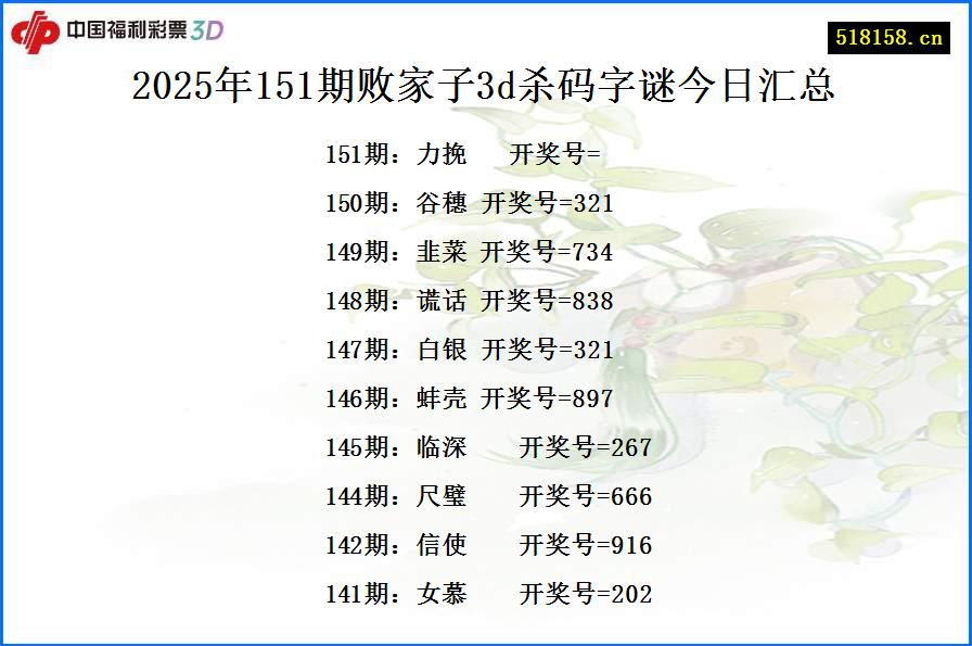 2025年151期败家子3d杀码字谜今日汇总