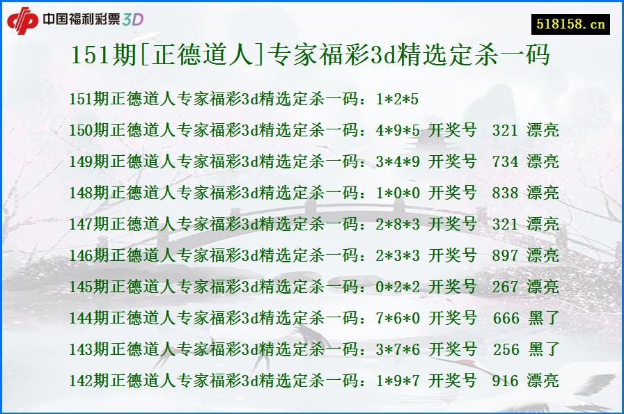 151期[正德道人]专家福彩3d精选定杀一码