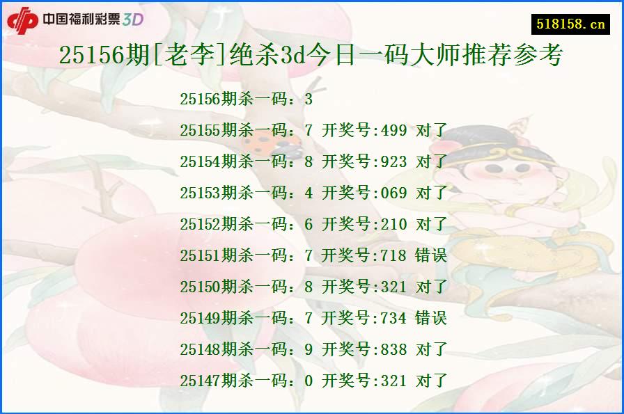 25156期[老李]绝杀3d今日一码大师推荐参考