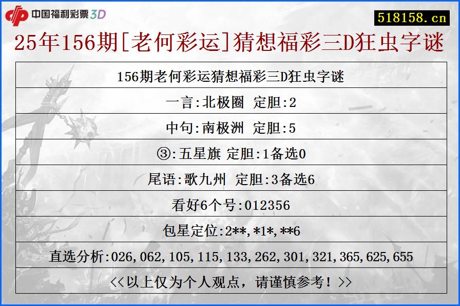 25年156期[老何彩运]猜想福彩三D狂虫字谜