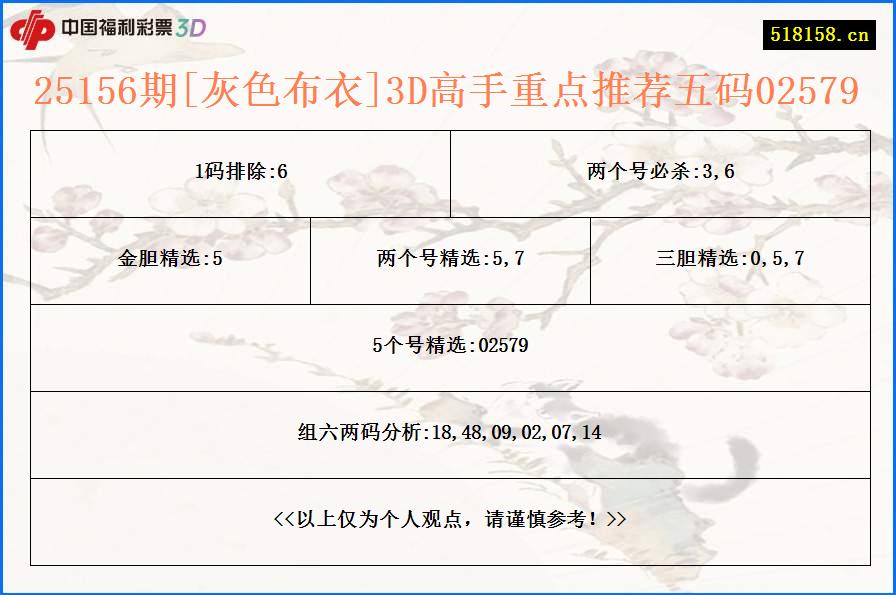 25156期[灰色布衣]3D高手重点推荐五码02579