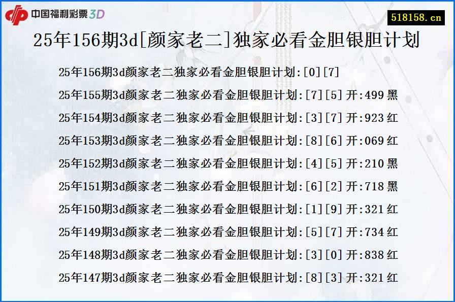 25年156期3d[颜家老二]独家必看金胆银胆计划