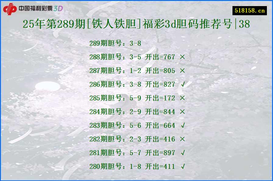 25年第289期[铁人铁胆]福彩3d胆码推荐号|38