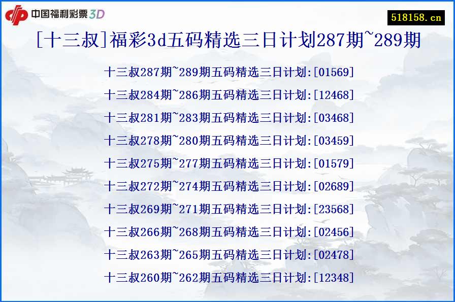[十三叔]福彩3d五码精选三日计划287期~289期