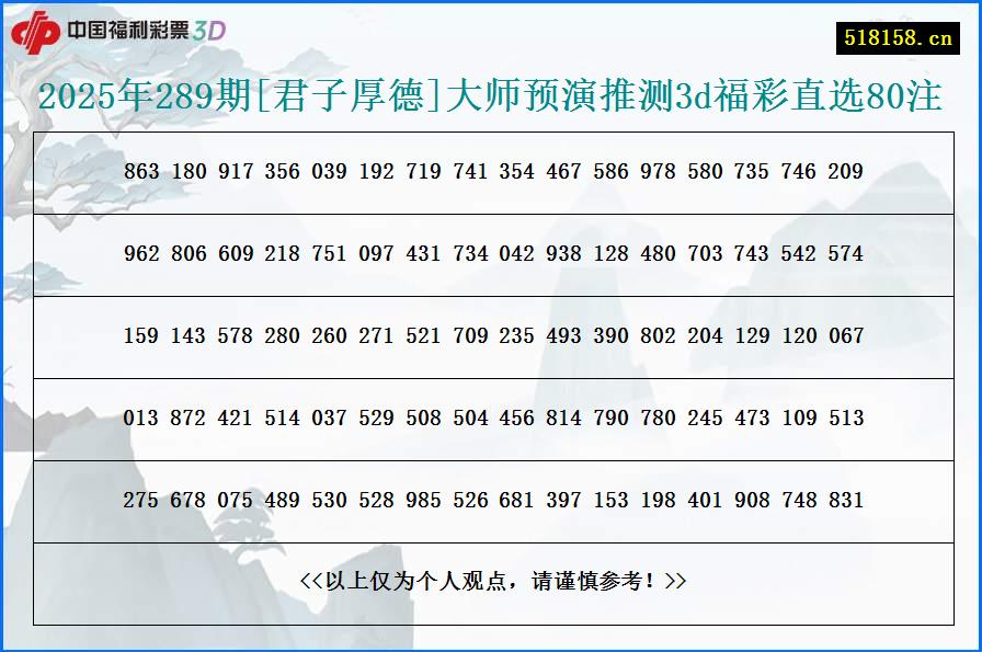 2025年289期[君子厚德]大师预演推测3d福彩直选80注