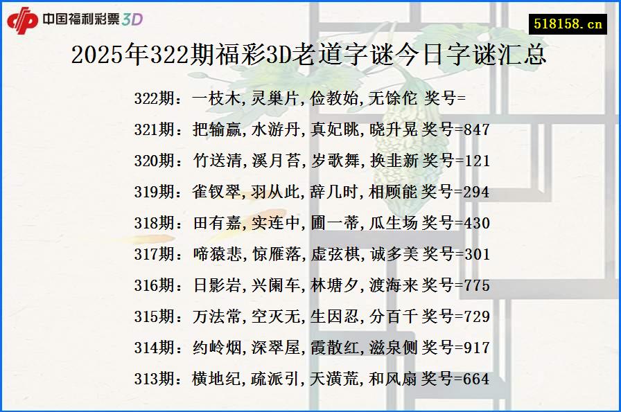 2025年322期福彩3D老道字谜今日字谜汇总