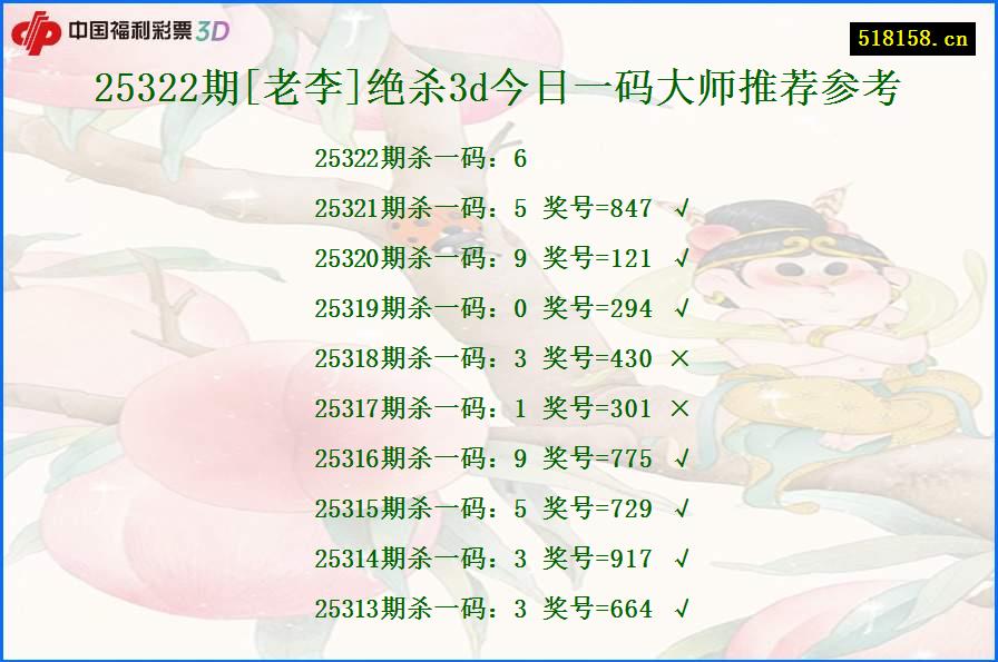 25322期[老李]绝杀3d今日一码大师推荐参考