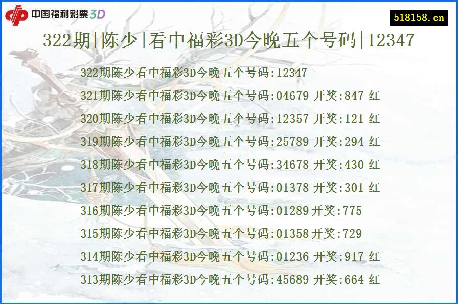 322期[陈少]看中福彩3D今晚五个号码|12347