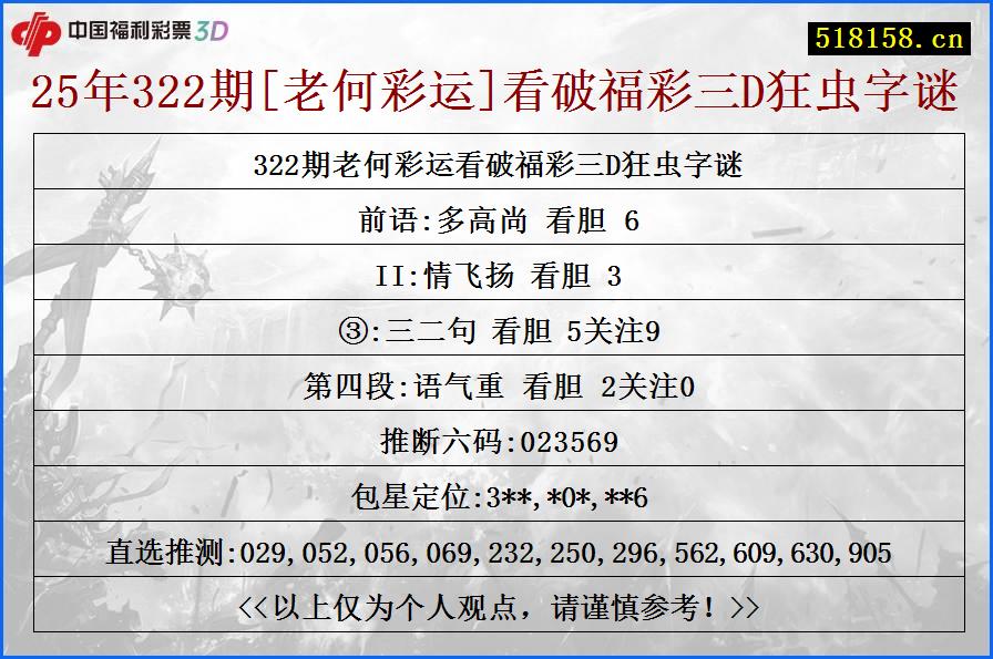 25年322期[老何彩运]看破福彩三D狂虫字谜