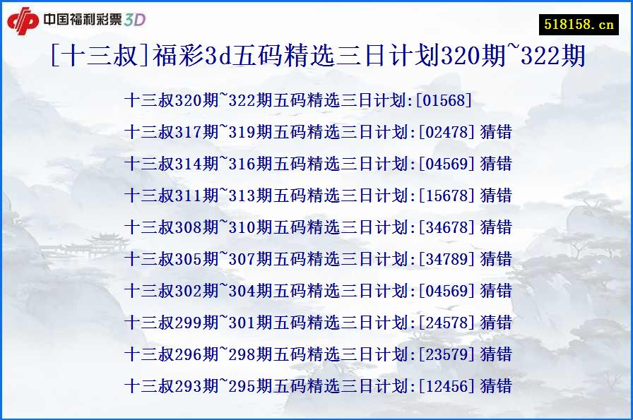 [十三叔]福彩3d五码精选三日计划320期~322期