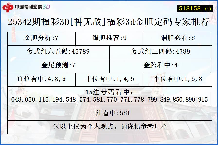 25342期福彩3D[神无敌]福彩3d金胆定码专家推荐