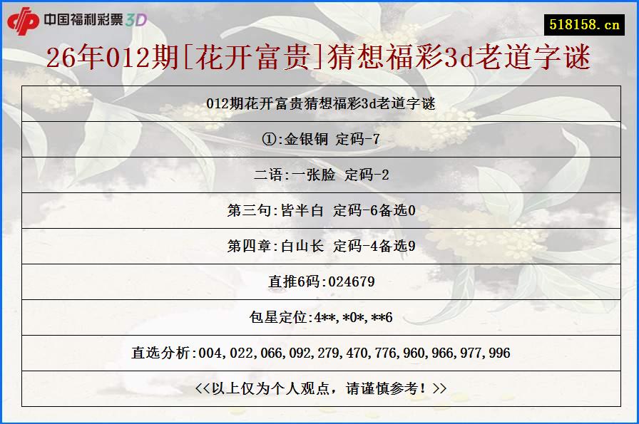26年012期[花开富贵]猜想福彩3d老道字谜