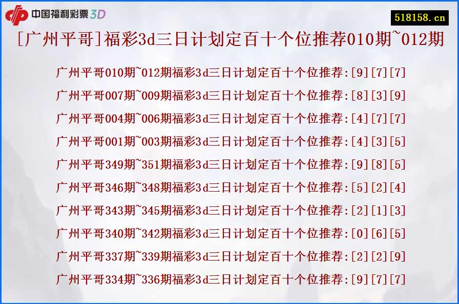 [广州平哥]福彩3d三日计划定百十个位推荐010期~012期
