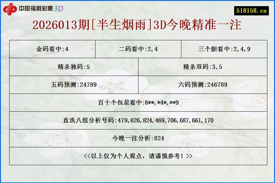 2026013期[半生烟雨]3D今晚精准一注