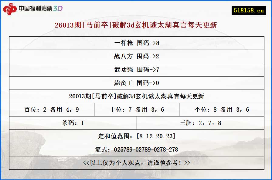 26013期[马前卒]破解3d玄机谜太湖真言每天更新