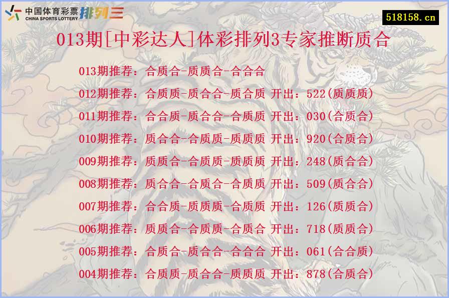 013期[中彩达人]体彩排列3专家推断质合