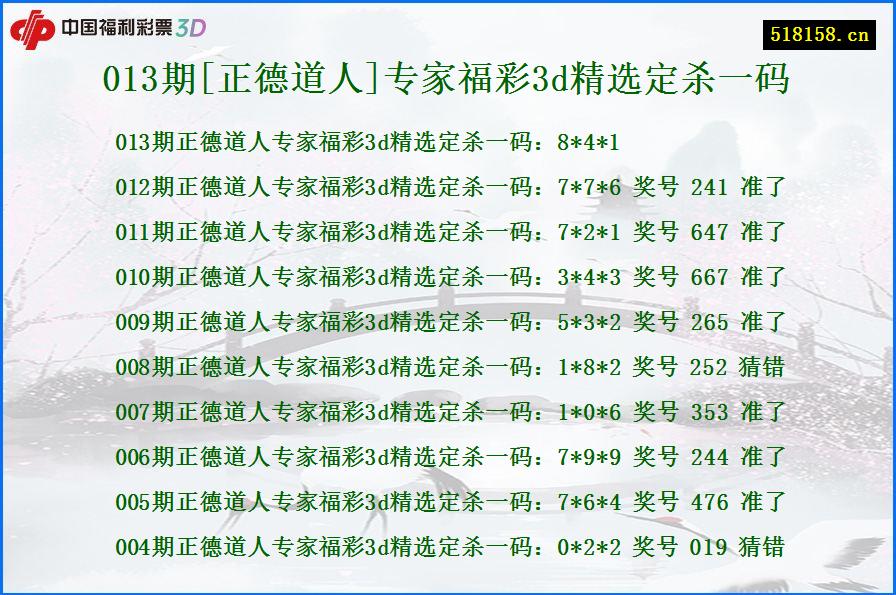 013期[正德道人]专家福彩3d精选定杀一码