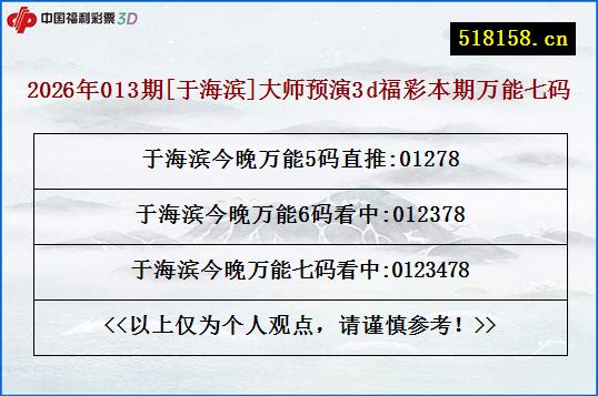 2026年013期[于海滨]大师预演3d福彩本期万能七码