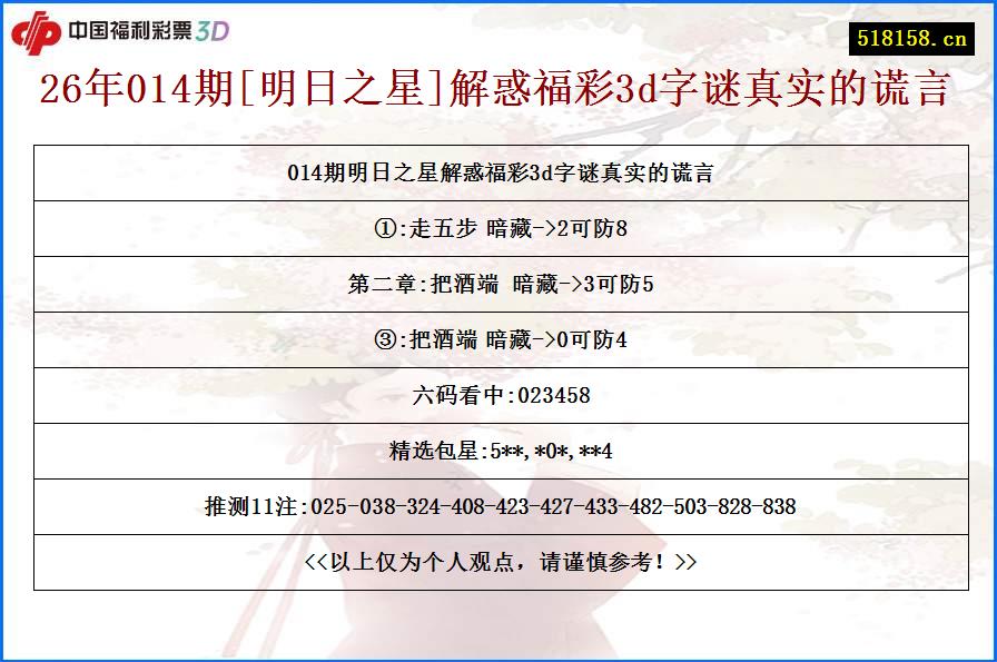 26年014期[明日之星]解惑福彩3d字谜真实的谎言