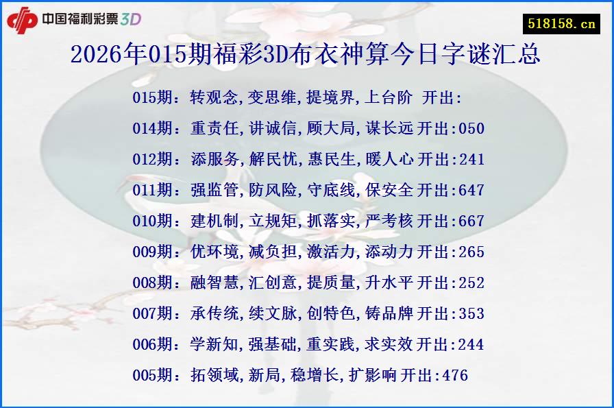 2026年015期福彩3D布衣神算今日字谜汇总