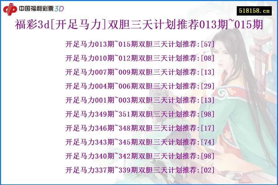 福彩3d[开足马力]双胆三天计划推荐013期~015期