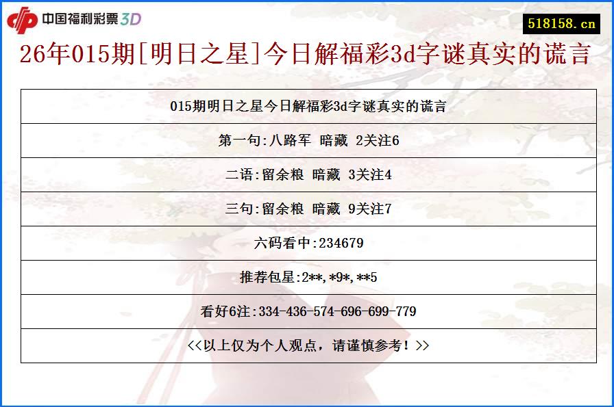 26年015期[明日之星]今日解福彩3d字谜真实的谎言