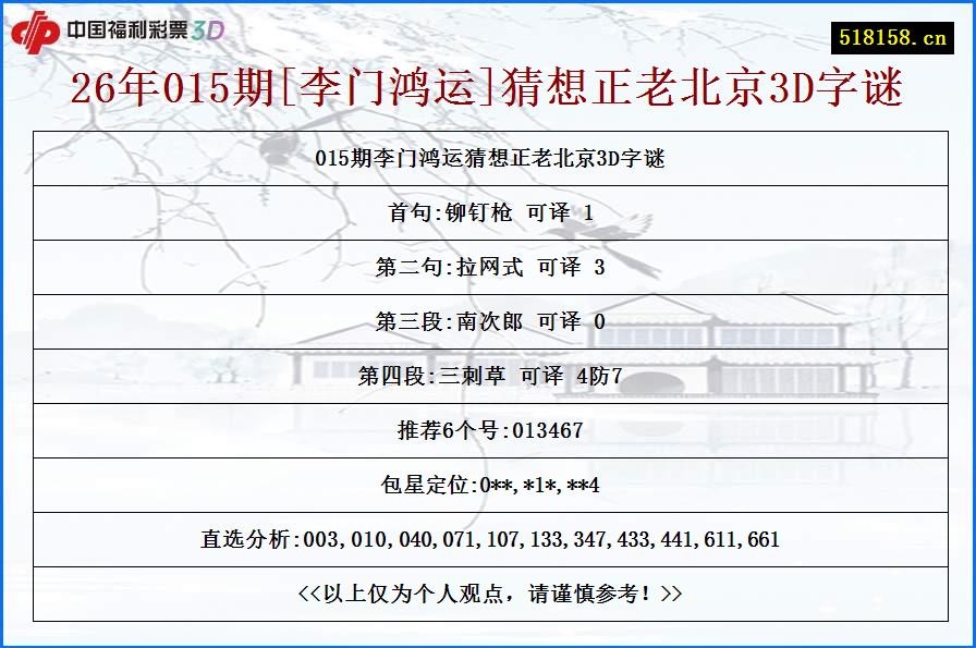 26年015期[李门鸿运]猜想正老北京3D字谜