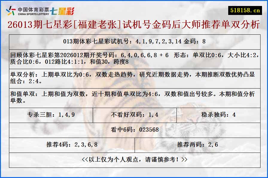 26013期七星彩[福建老张]试机号金码后大师推荐单双分析