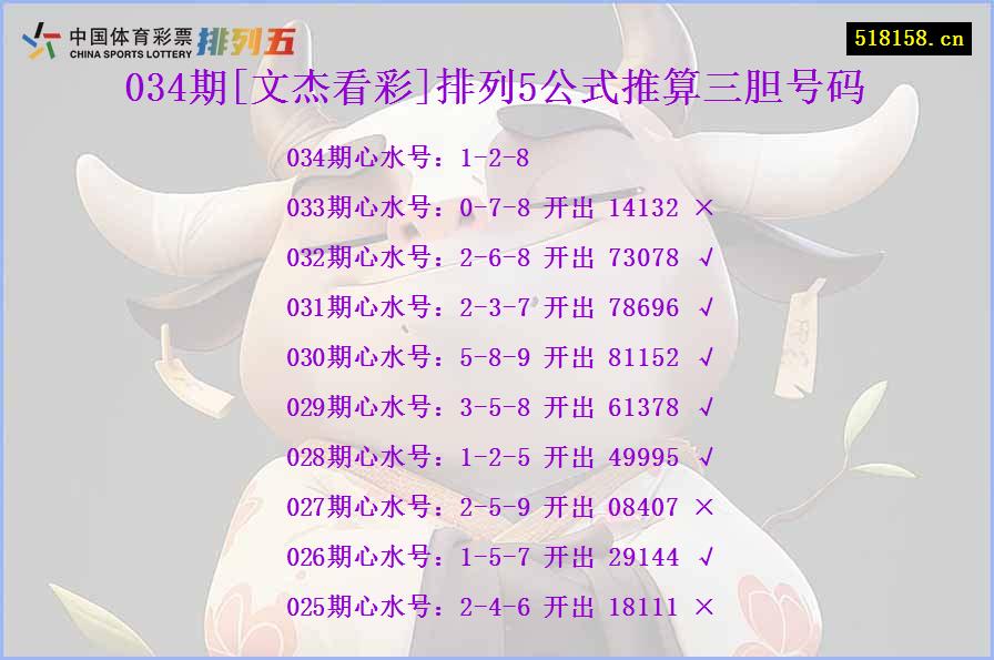 034期[文杰看彩]排列5公式推算三胆号码