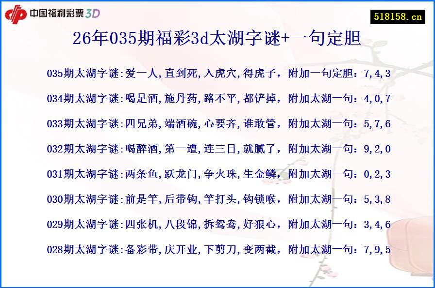 26年035期福彩3d太湖字谜+一句定胆
