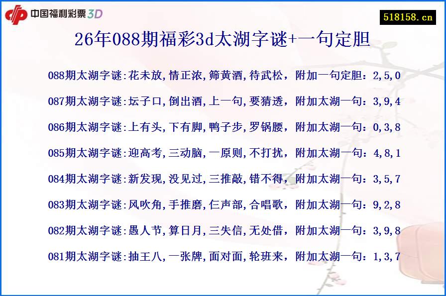 26年088期福彩3d太湖字谜+一句定胆