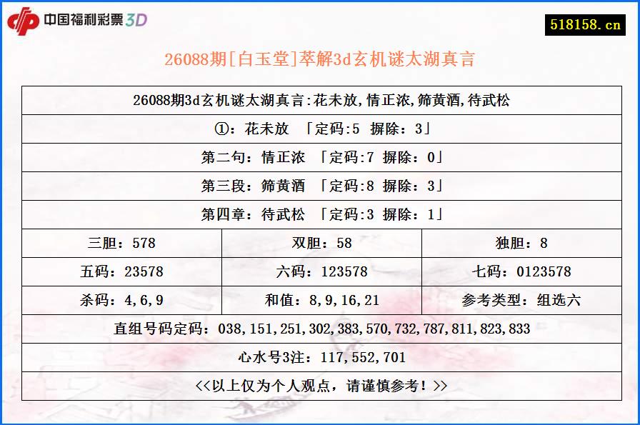 26088期[白玉堂]萃解3d玄机谜太湖真言