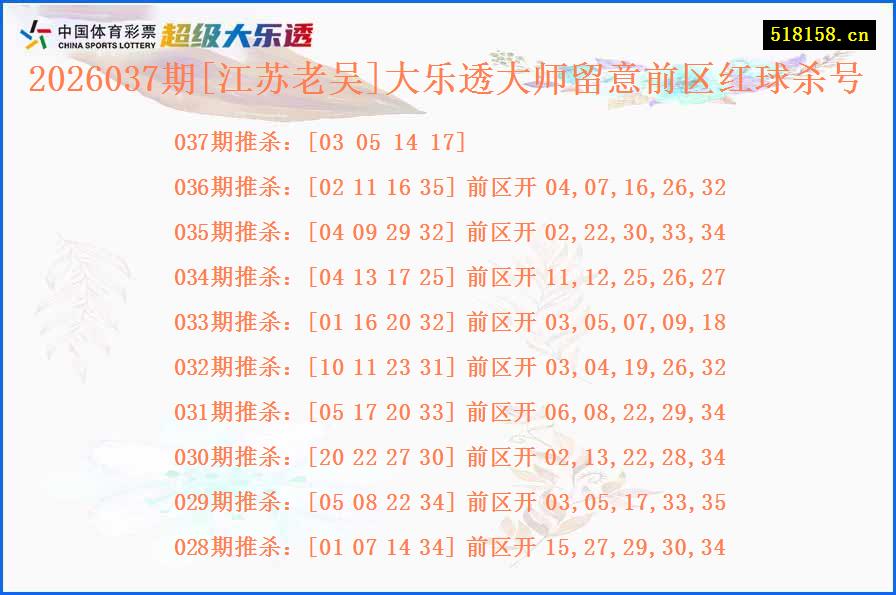 2026037期[江苏老吴]大乐透大师留意前区红球杀号