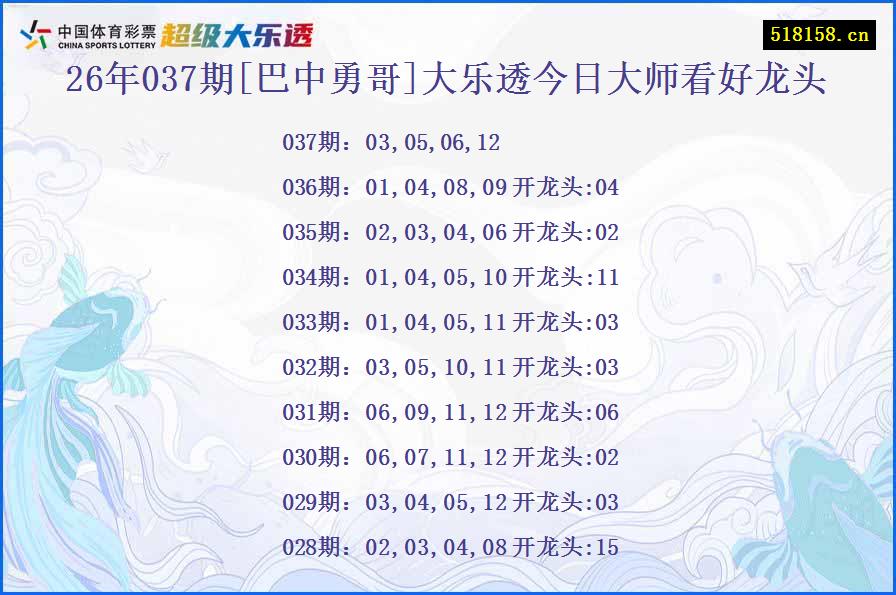 26年037期[巴中勇哥]大乐透今日大师看好龙头