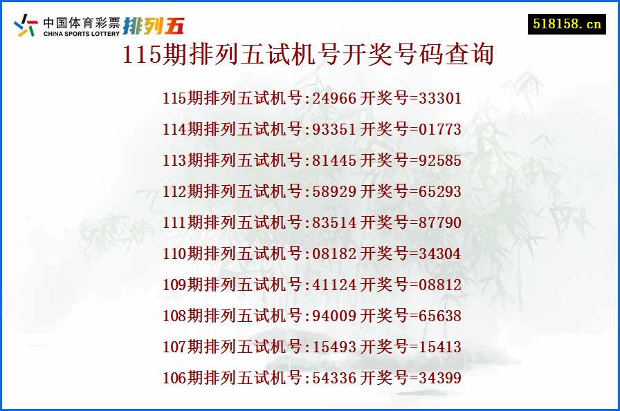 115期排列五试机号开奖号码查询