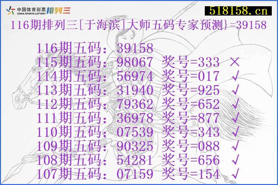 116期排列三[于海滨]大师五码专家预测}=39158