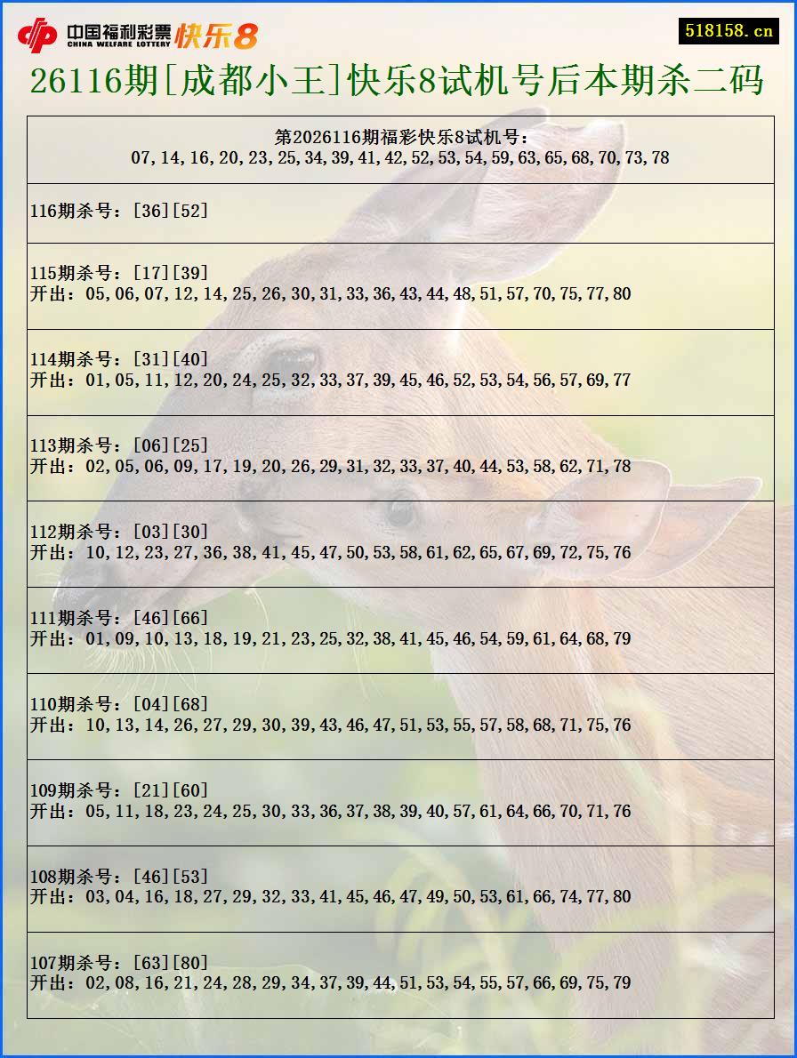 26116期[成都小王]快乐8试机号后本期杀二码