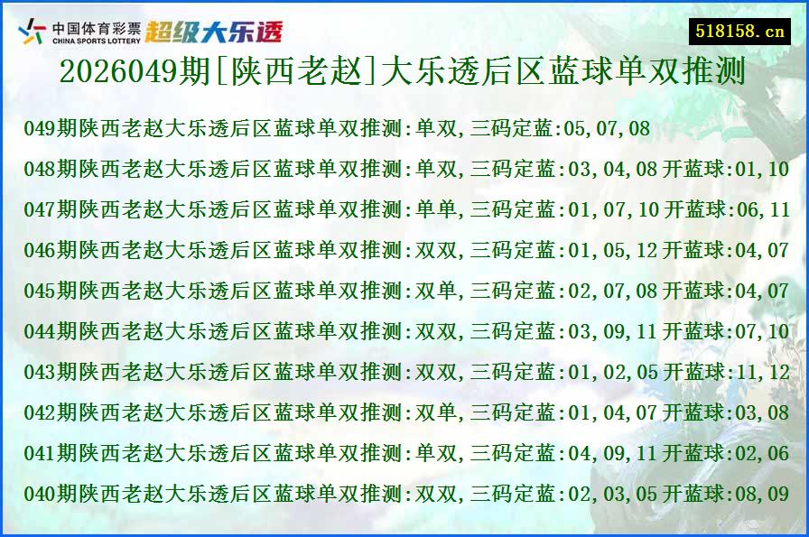 2026049期[陕西老赵]大乐透后区蓝球单双推测