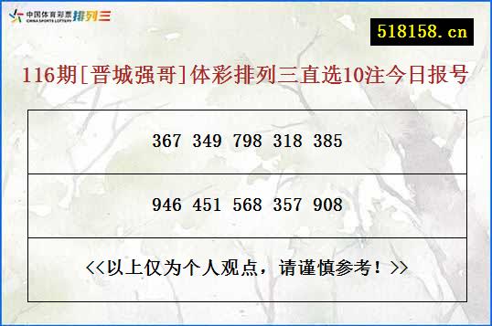 116期[晋城强哥]体彩排列三直选10注今日报号