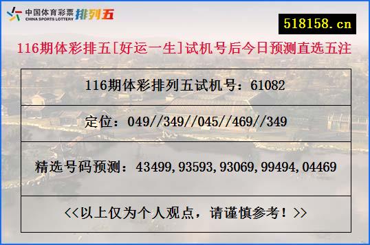 116期体彩排五[好运一生]试机号后今日预测直选五注