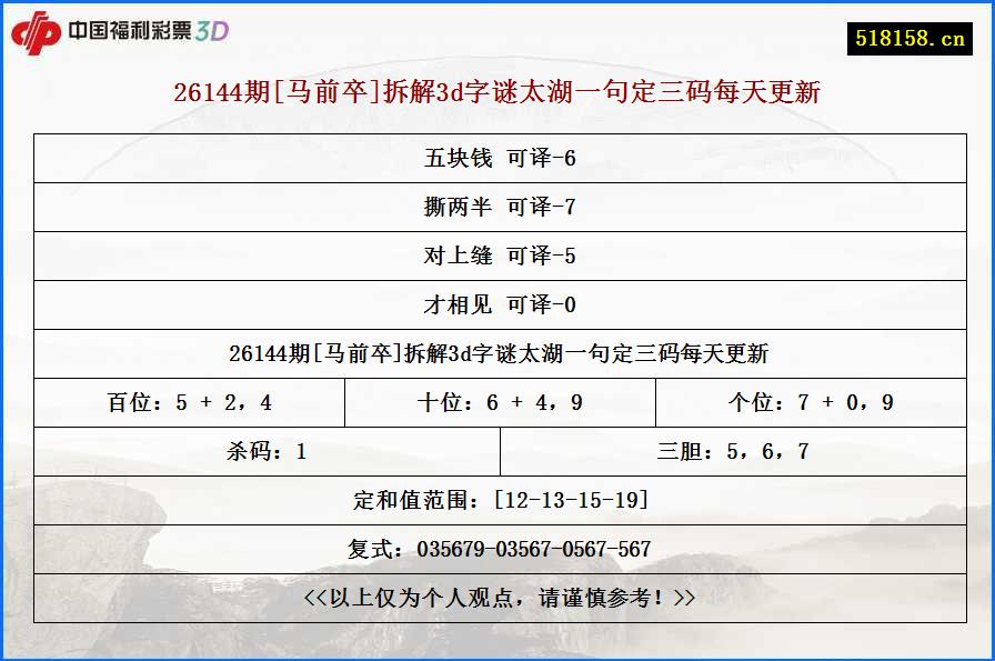 26144期[马前卒]拆解3d字谜太湖一句定三码每天更新