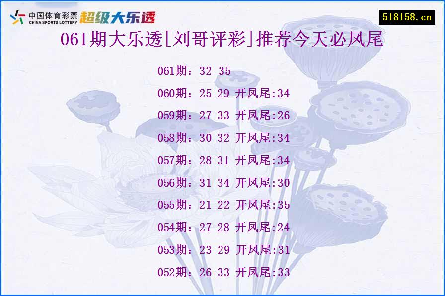 061期大乐透[刘哥评彩]推荐今天必凤尾