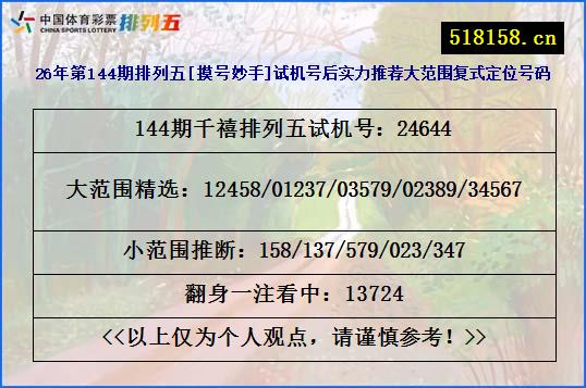 26年第144期排列五[摸号妙手]试机号后实力推荐大范围复式定位号码