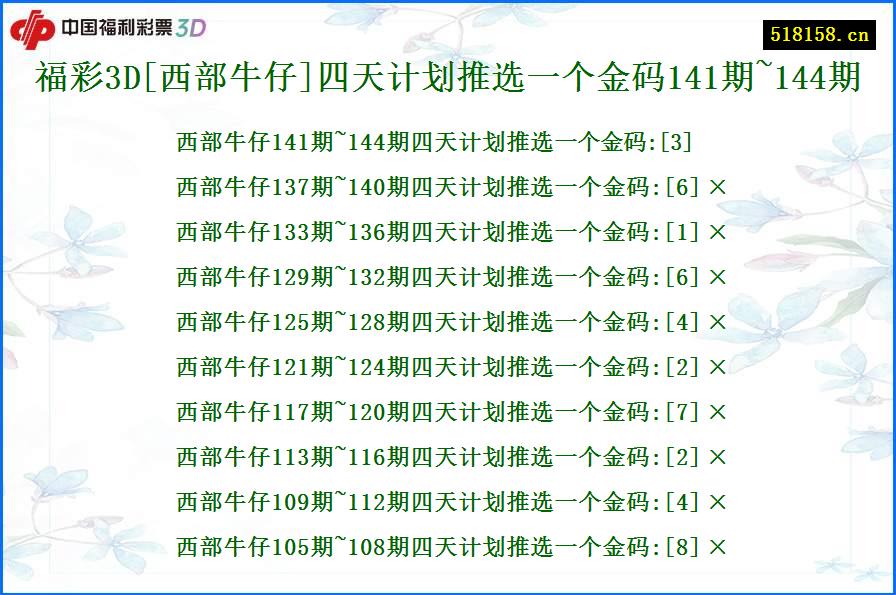 福彩3D[西部牛仔]四天计划推选一个金码141期~144期