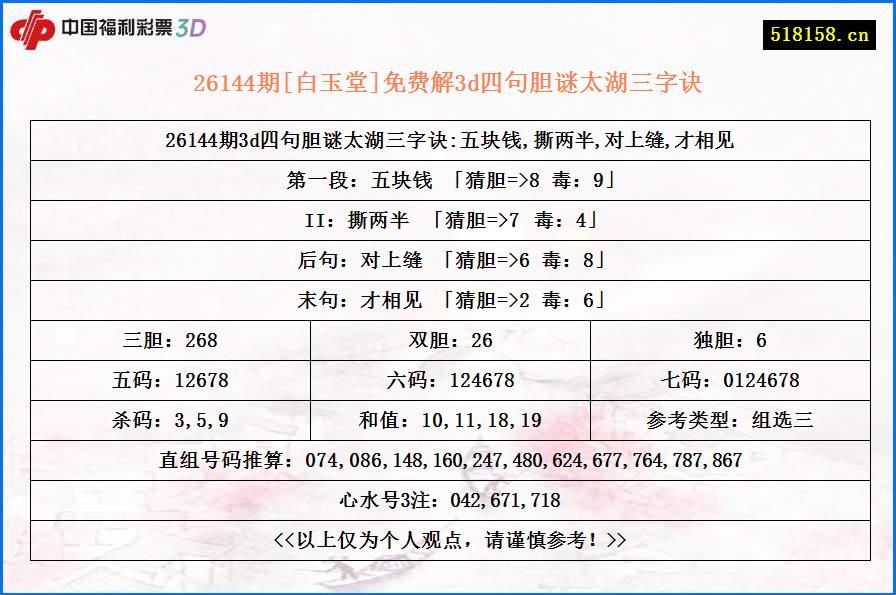 26144期[白玉堂]免费解3d四句胆谜太湖三字诀